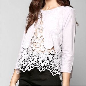 🤍 KIMCHI BLUE UO Embroidered Crochet Lace Scalloped Hem Open Back Blouse…